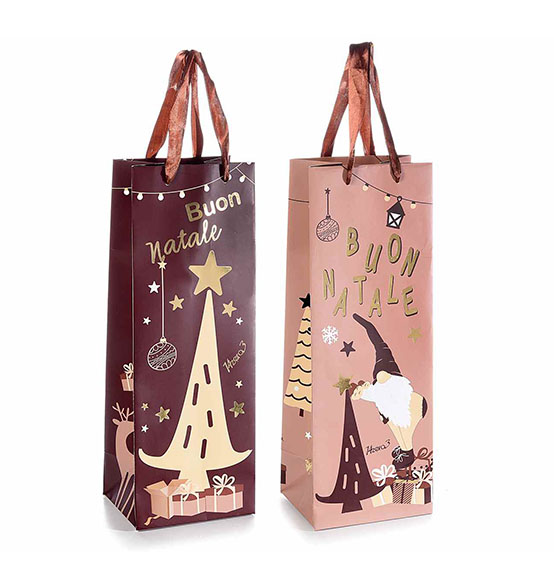 30Pz. Sacchetti Shopper portabottiglie natalizi in con decori oro e manico in tessuto \"Babbo Pasticcione\" cm. 12,5x10x34,5  (con manici cm. 44)